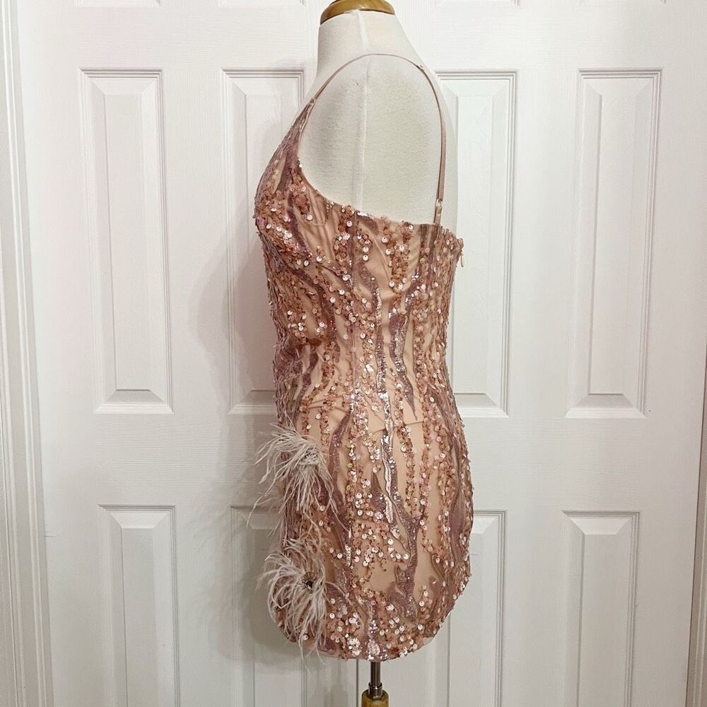 Bella Barnett Womens Pink Sequin Feather Mini Dress Size Medium - Picture 4 of 7